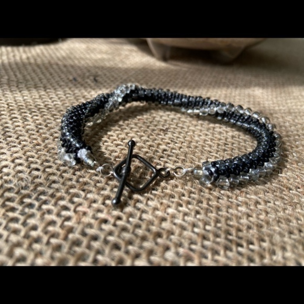 Crochet Beaded Bracelet Black gray and white.